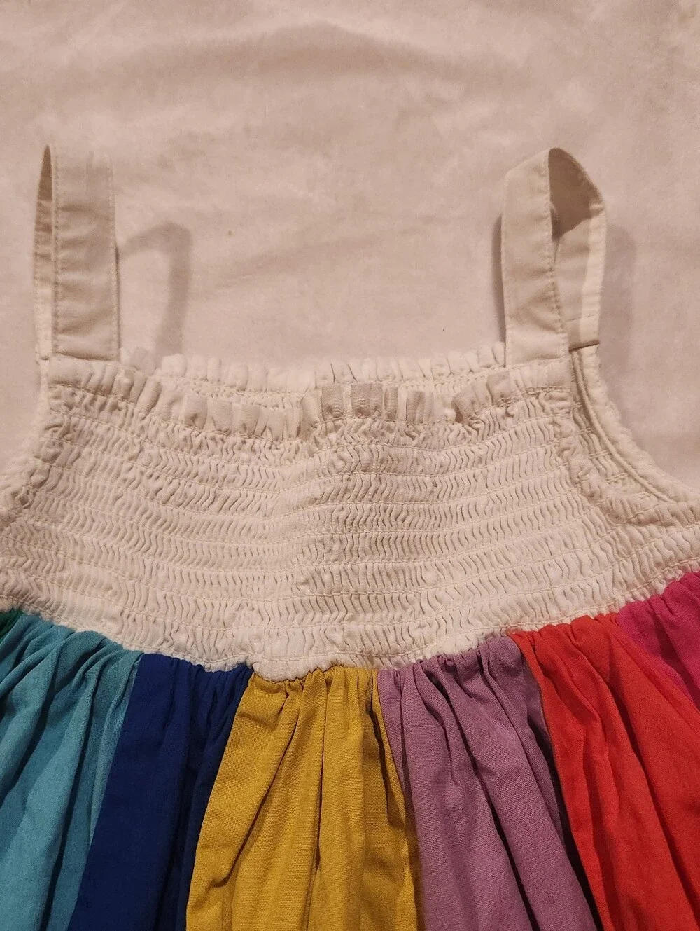 HTF Mini Boden White Smocked Top Rainbow Panel Dress with Daisy Appliqués